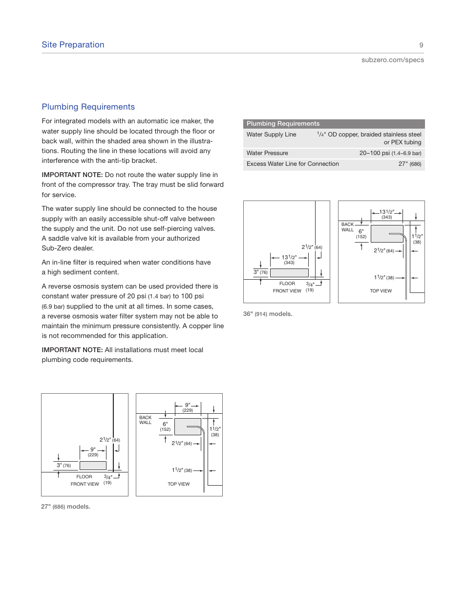 Site preparation, Plumbing requirements | Sub-Zero IC-27FI User Manual | Page 9 / 24