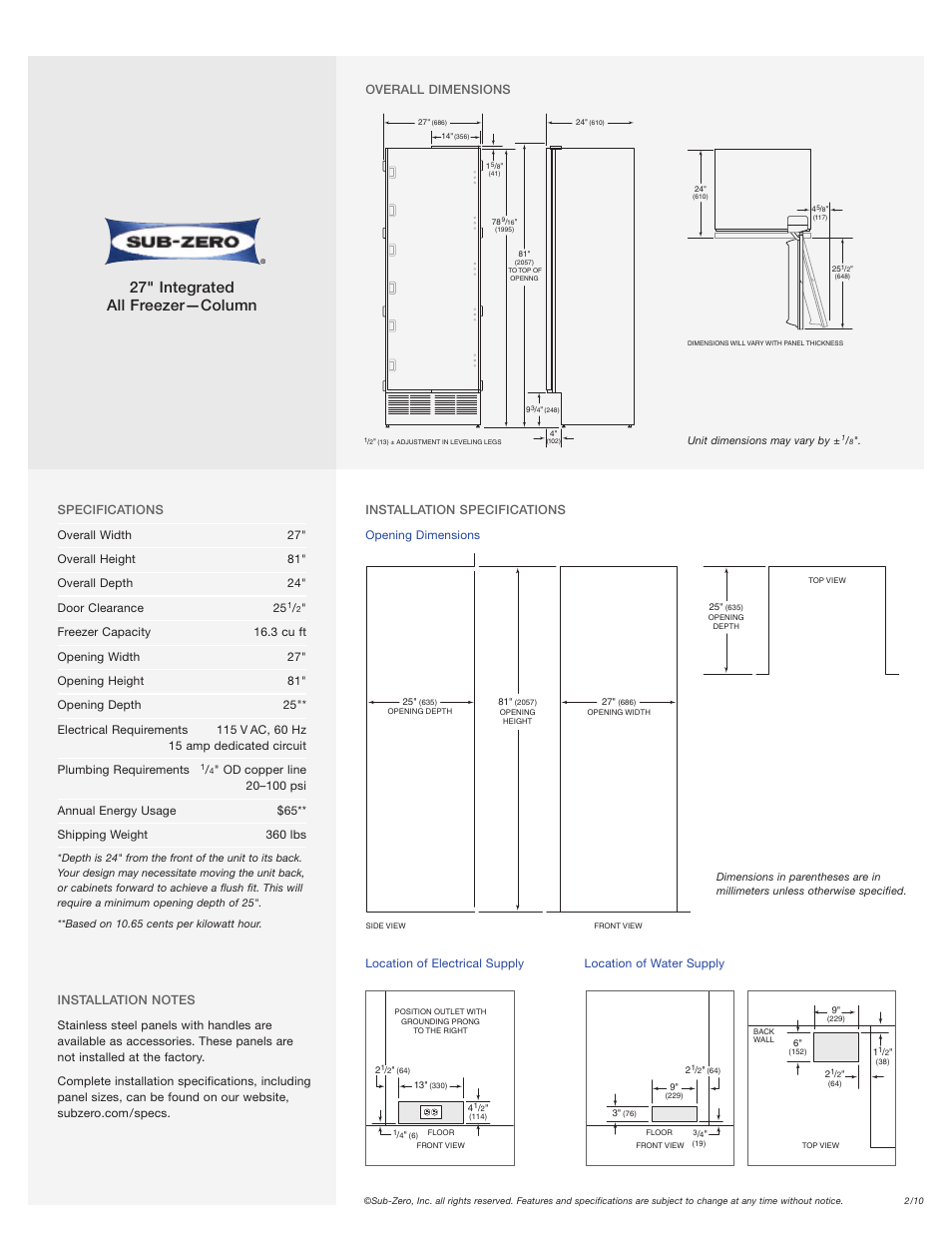 27" integrated all freezer—column | Sub-Zero ENERGY STAR SO30-2U/S User Manual | Page 2 / 2