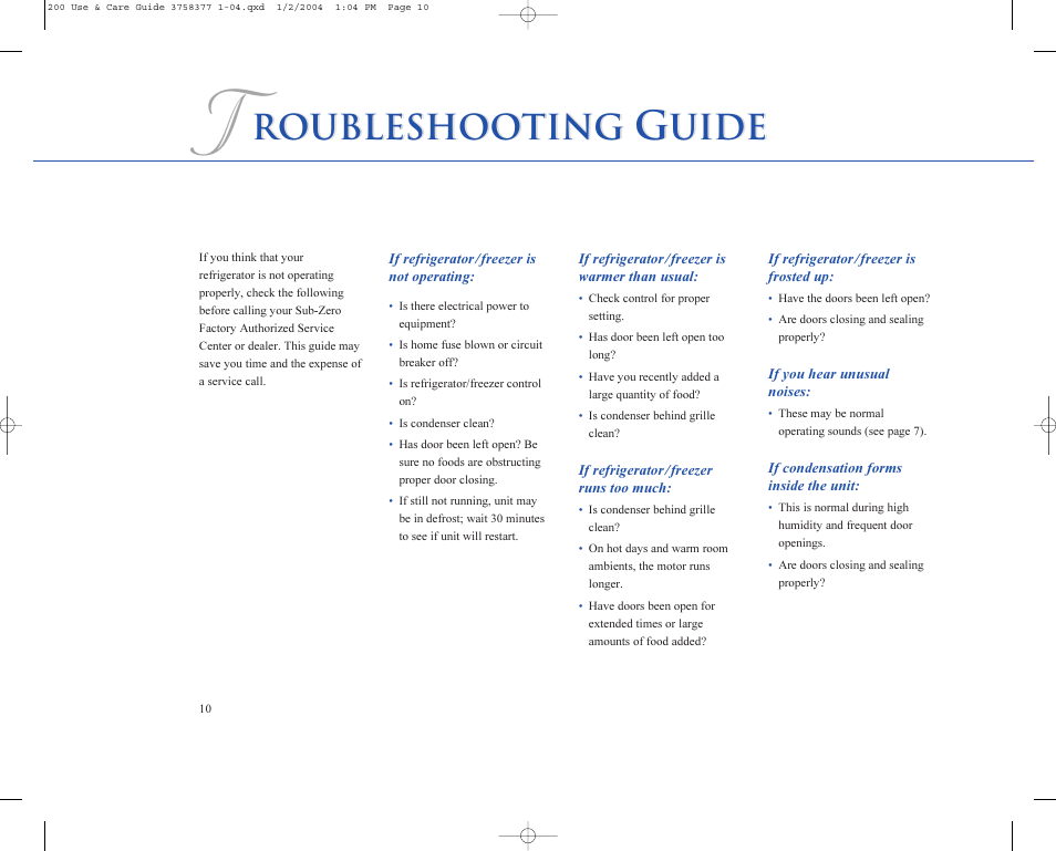 Roubleshooting, Uide | Sub-Zero 200 Series User Manual | Page 10 / 16