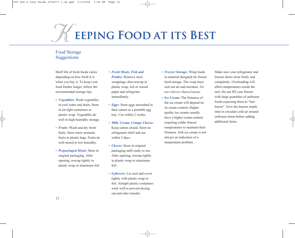 Eeping, Ood at its | Sub-Zero 200 Series User Manual | Page 12 / 16