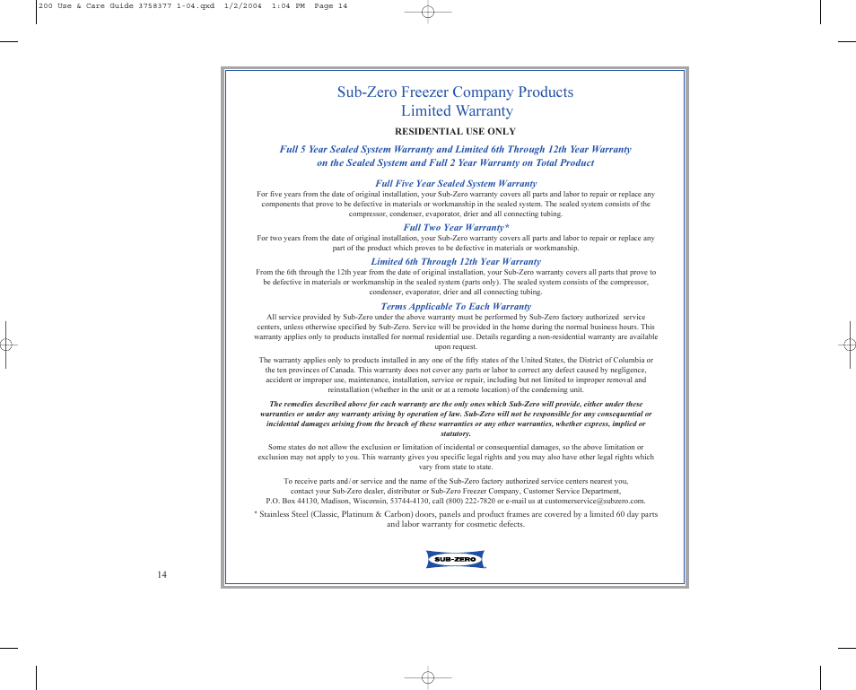 Sub-zero freezer company products limited warranty | Sub-Zero 200 Series User Manual | Page 14 / 16