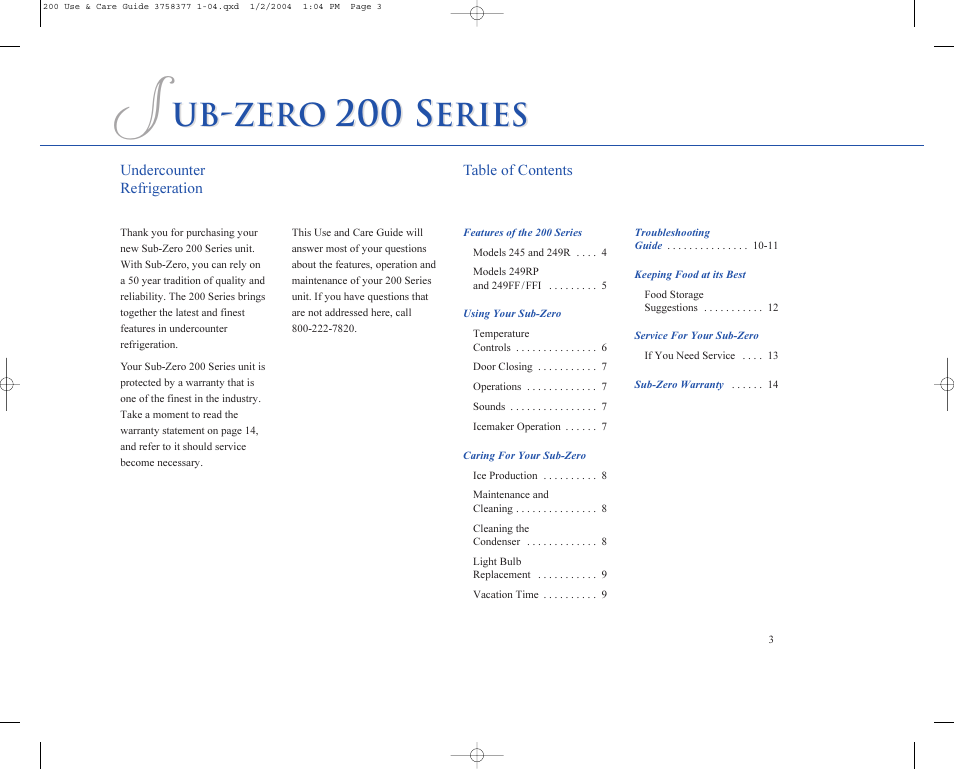 200 s, Ub-zero, Eries ub-zero | Eries | Sub-Zero 200 Series User Manual | Page 3 / 16