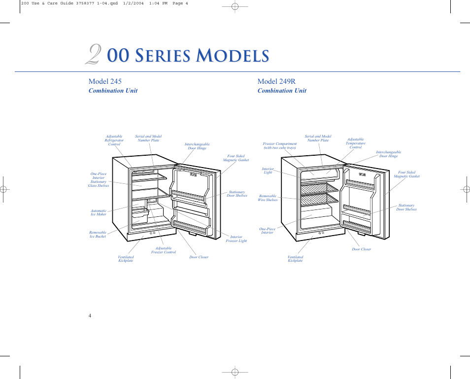 00 s, Eries, Odels | Sub-Zero 200 Series User Manual | Page 4 / 16
