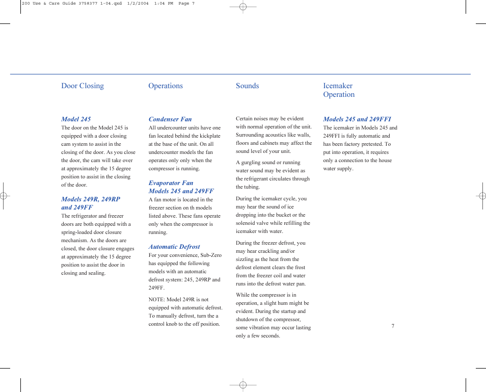 Door closing operations sounds icemaker operation | Sub-Zero 200 Series User Manual | Page 7 / 16