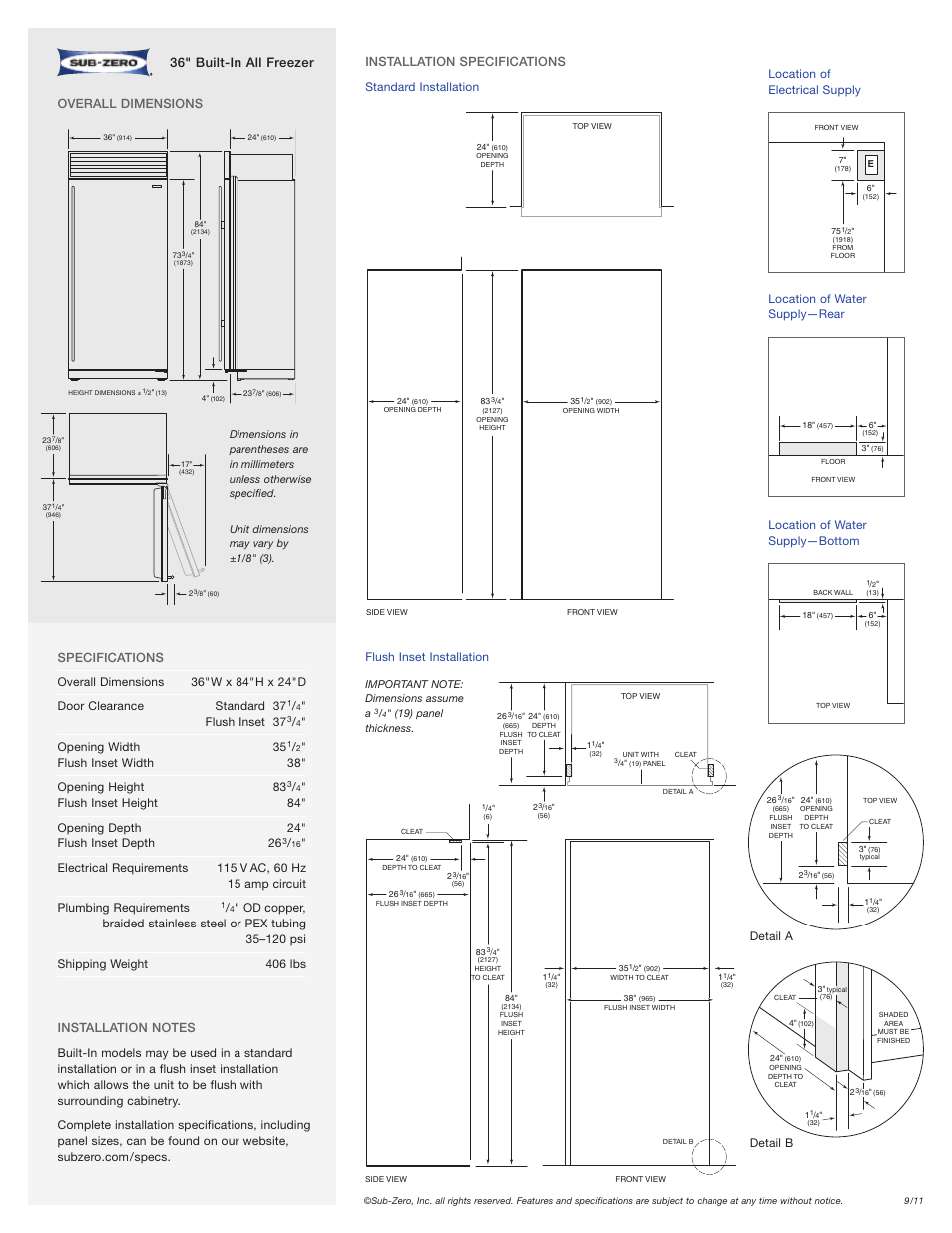 36" built-in all freezer, Flush inset 37, Opening width 35 | Flush inset width 38" opening height 83, Overall dimensions, Detail a detail b, Location of electrical supply, Location of water supply—rear, Location of water supply—bottom | Sub-Zero BI-36F User Manual | Page 2 / 2