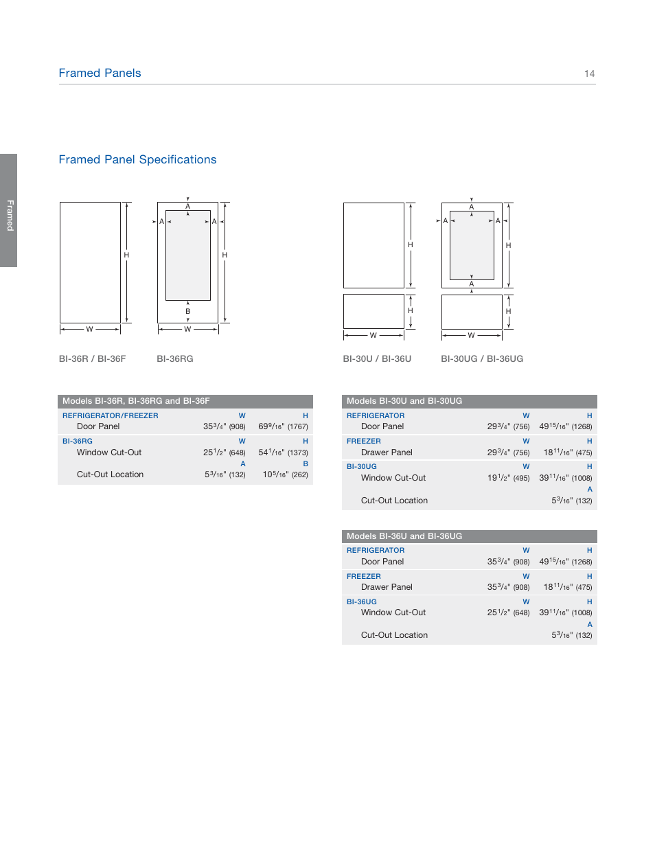 Framed panels, Framed panel specifications | Sub-Zero 601RG User Manual | Page 14 / 44