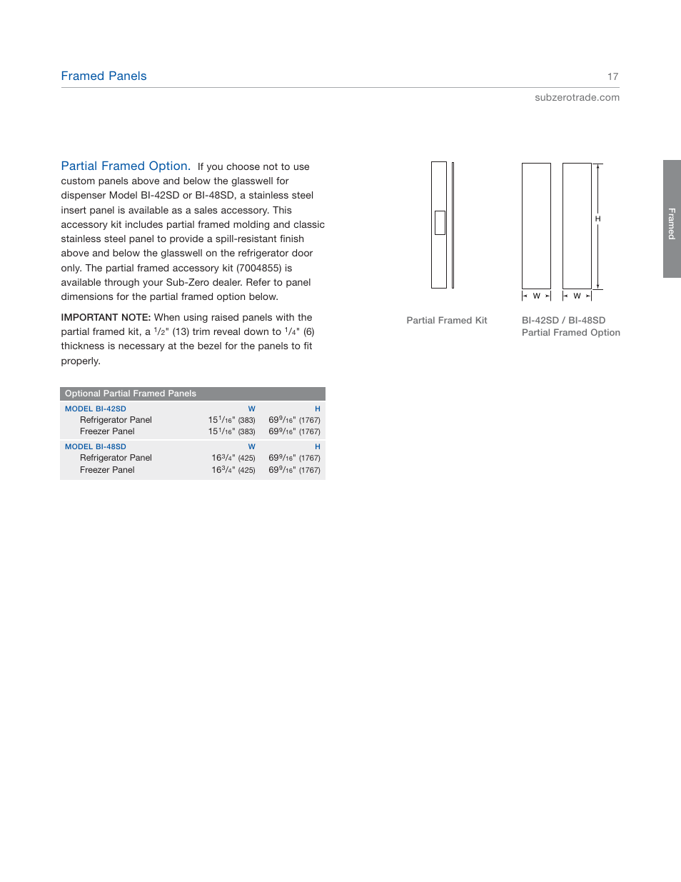 Framed panels, Partial framed option | Sub-Zero 601RG User Manual | Page 17 / 44
