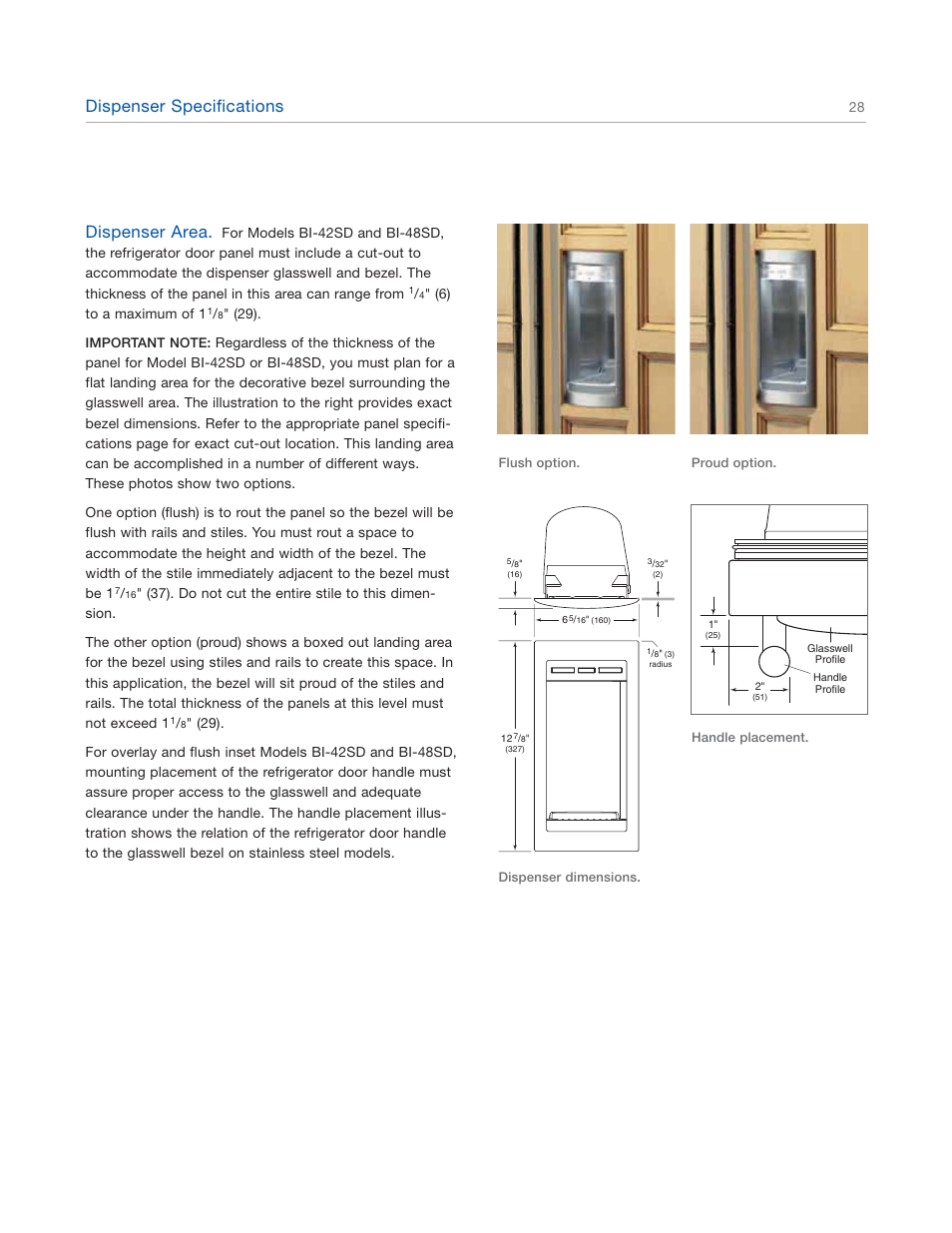 Dispenser specifications, Dispenser area | Sub-Zero 601RG User Manual | Page 28 / 44