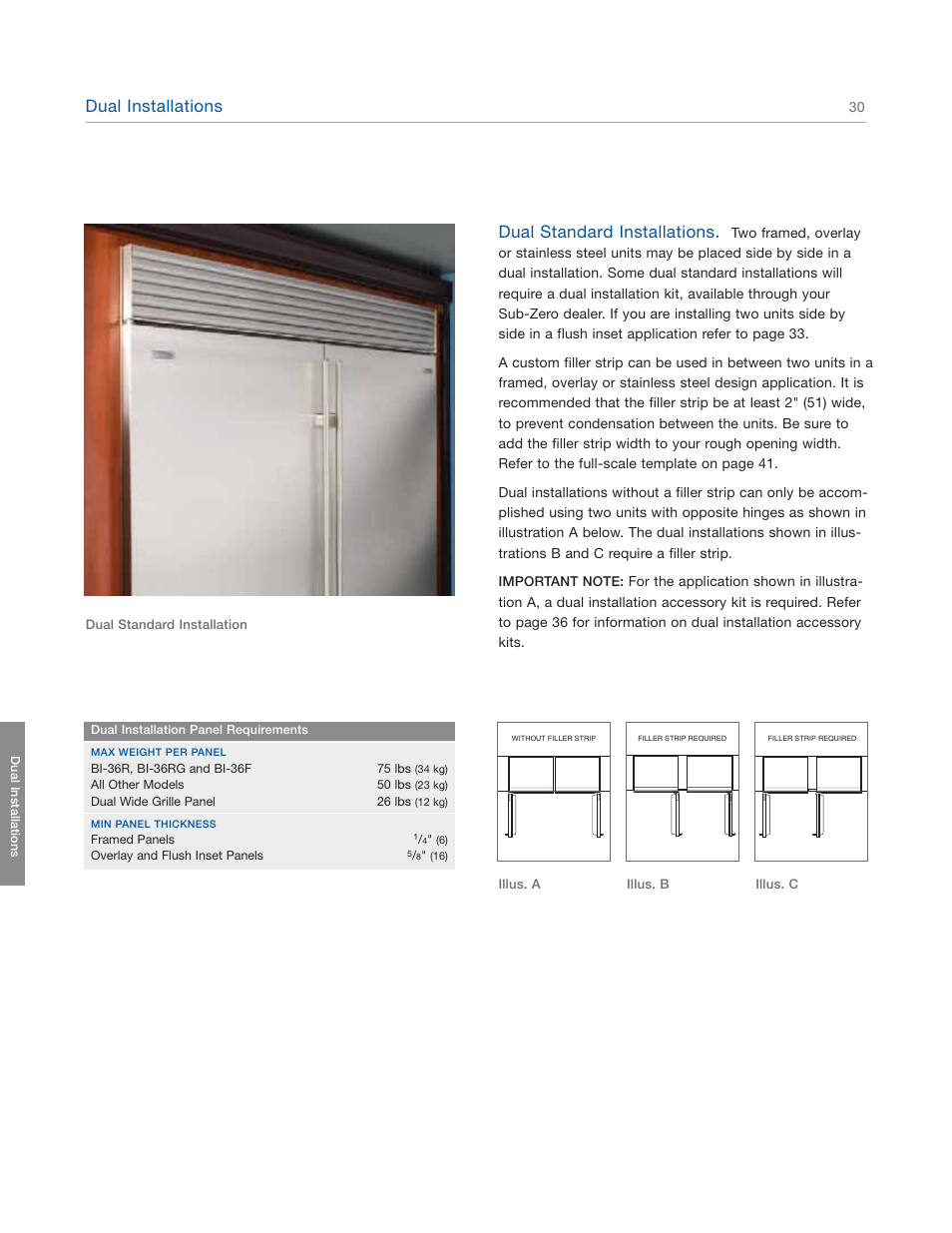 Dual installations, Dual standard installations | Sub-Zero 601RG User Manual | Page 30 / 44