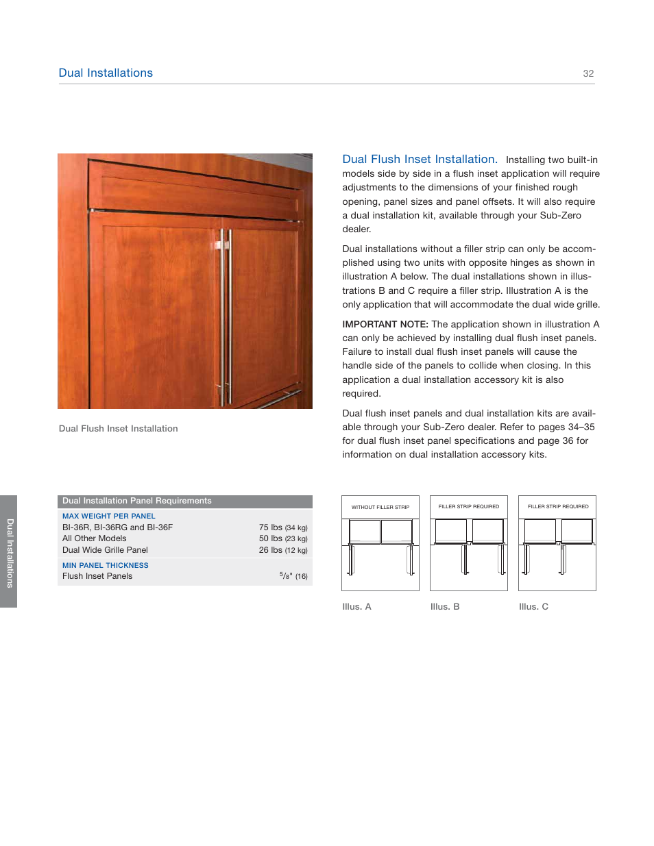 Dual installations, Dual flush inset installation | Sub-Zero 601RG User Manual | Page 32 / 44