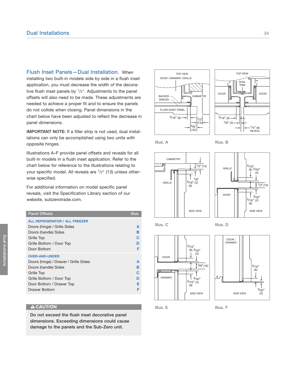 Dual installations, Flush inset panels—dual installation | Sub-Zero 601RG User Manual | Page 34 / 44