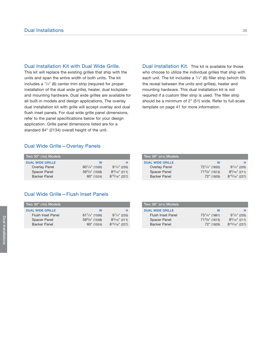 Dual installations, Dual installation kit with dual wide grille, Dual installation kit | Dual wide grille—overlay panels, Dual wide grille—flush inset panels | Sub-Zero 601RG User Manual | Page 36 / 44