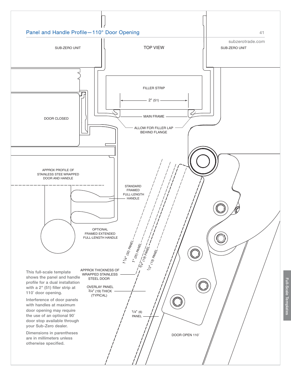 Panel and handle profile—110° door opening | Sub-Zero 601RG User Manual | Page 41 / 44