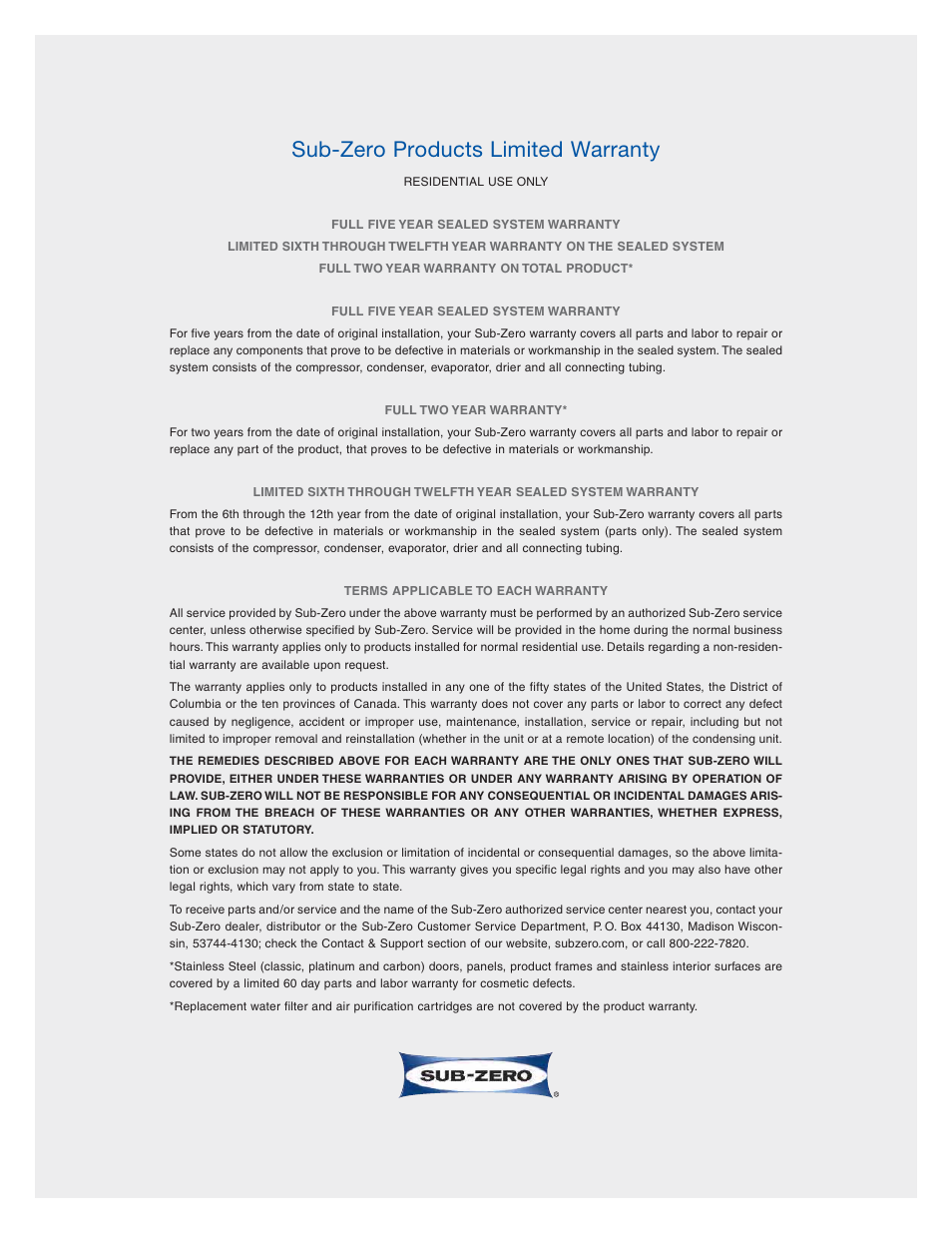 Sub-zero products limited warranty | Sub-Zero 601RG User Manual | Page 42 / 44