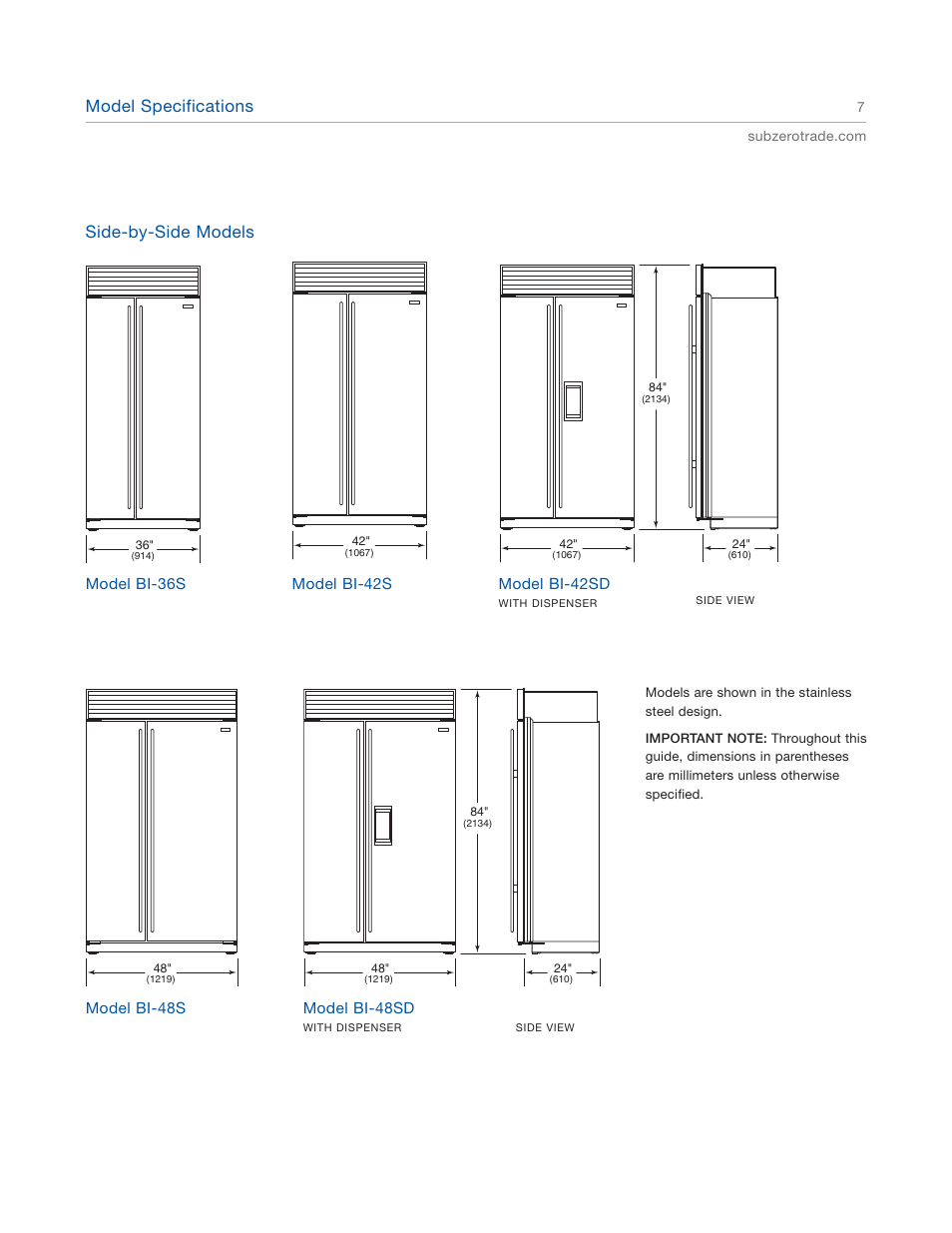 Model specifications, Side-by-side models | Sub-Zero 601RG User Manual | Page 7 / 44