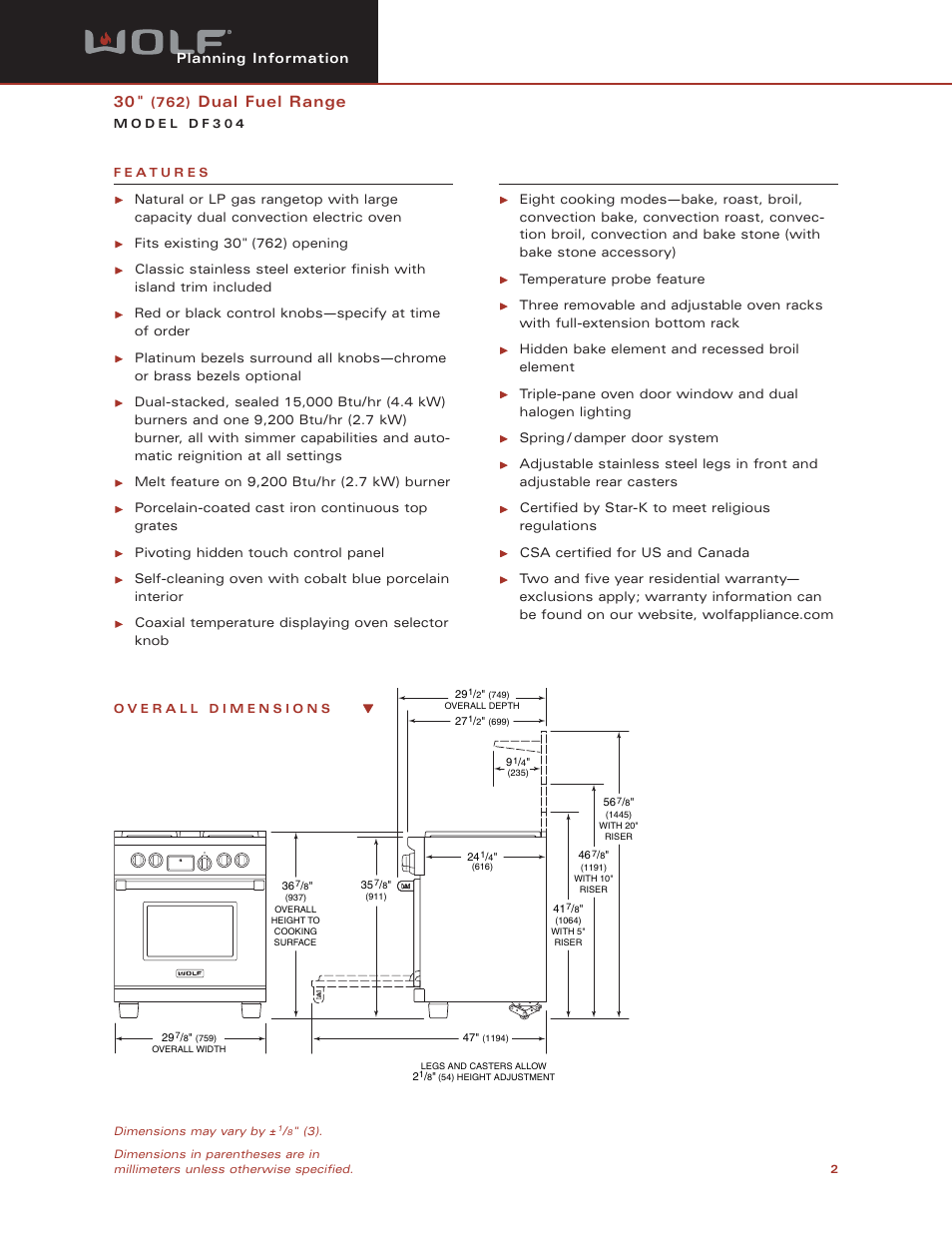 Dual fuel range | Sub-Zero DF304 User Manual | Page 2 / 5