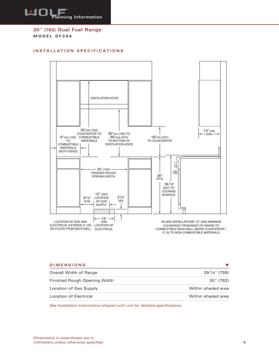 Dual fuel range, Planning information | Sub-Zero DF304 User Manual | Page 4 / 5