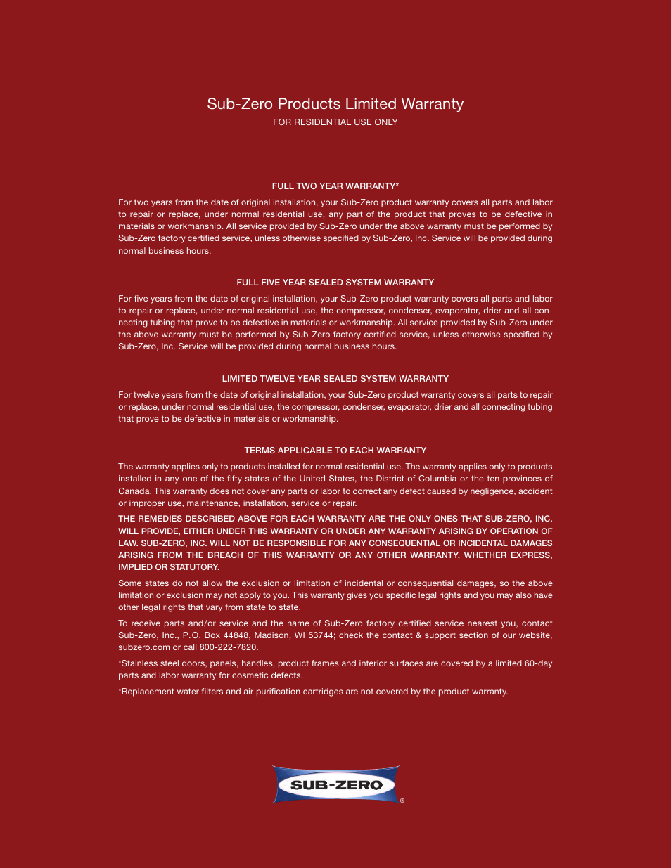 Sub-zero products limited warranty | Sub-Zero 315W User Manual | Page 11 / 12