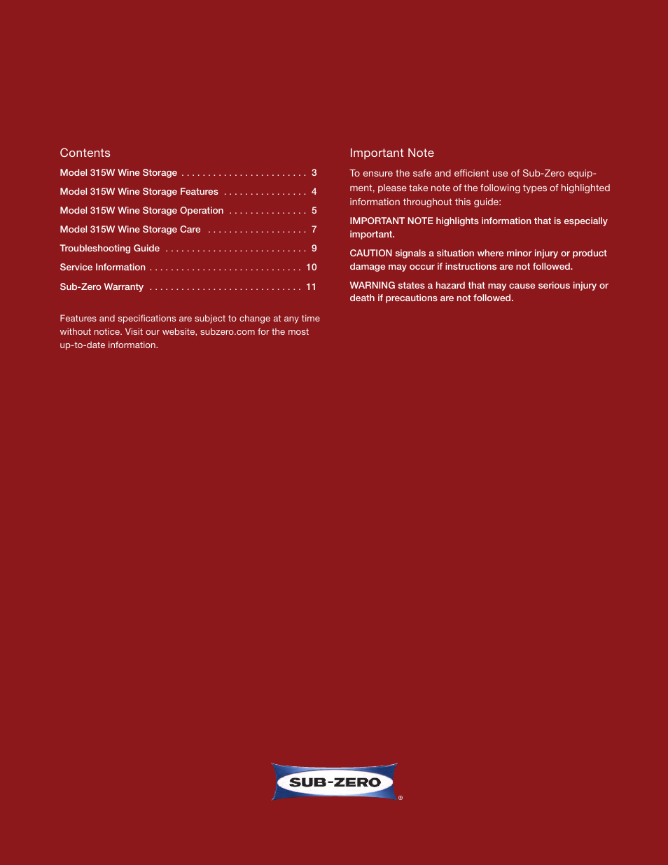 Sub-Zero 315W User Manual | Page 2 / 12