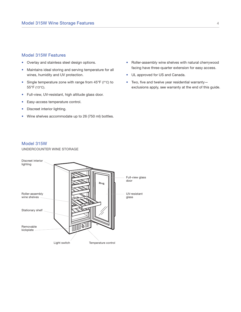 Model 315w wine storage features, Model 315w features, Model 315w | Sub-Zero 315W User Manual | Page 4 / 12