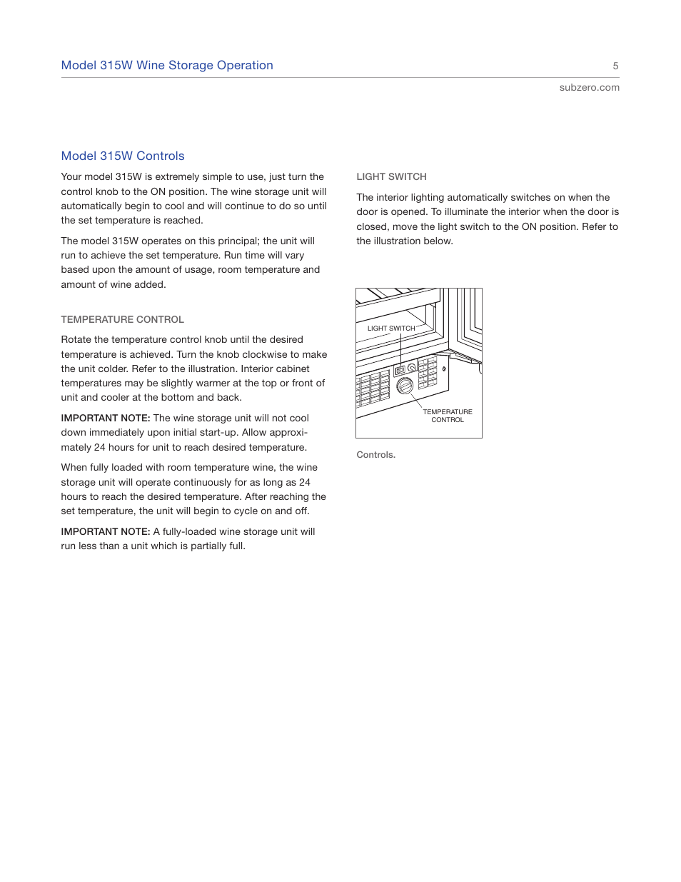 Model 315w wine storage operation, Model 315w controls | Sub-Zero 315W User Manual | Page 5 / 12