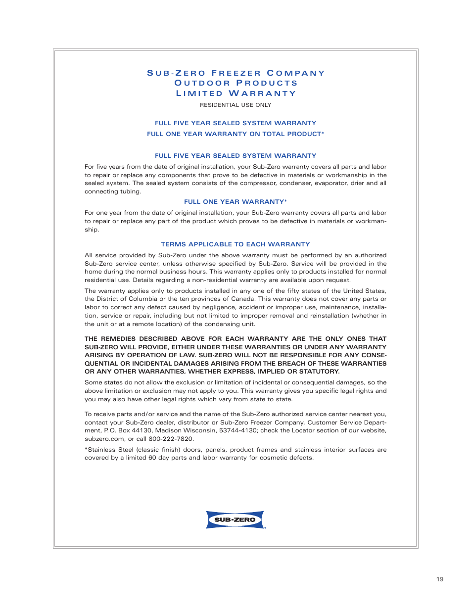 Sub-Zero Undercounter Refrigeration User Manual | Page 19 / 20