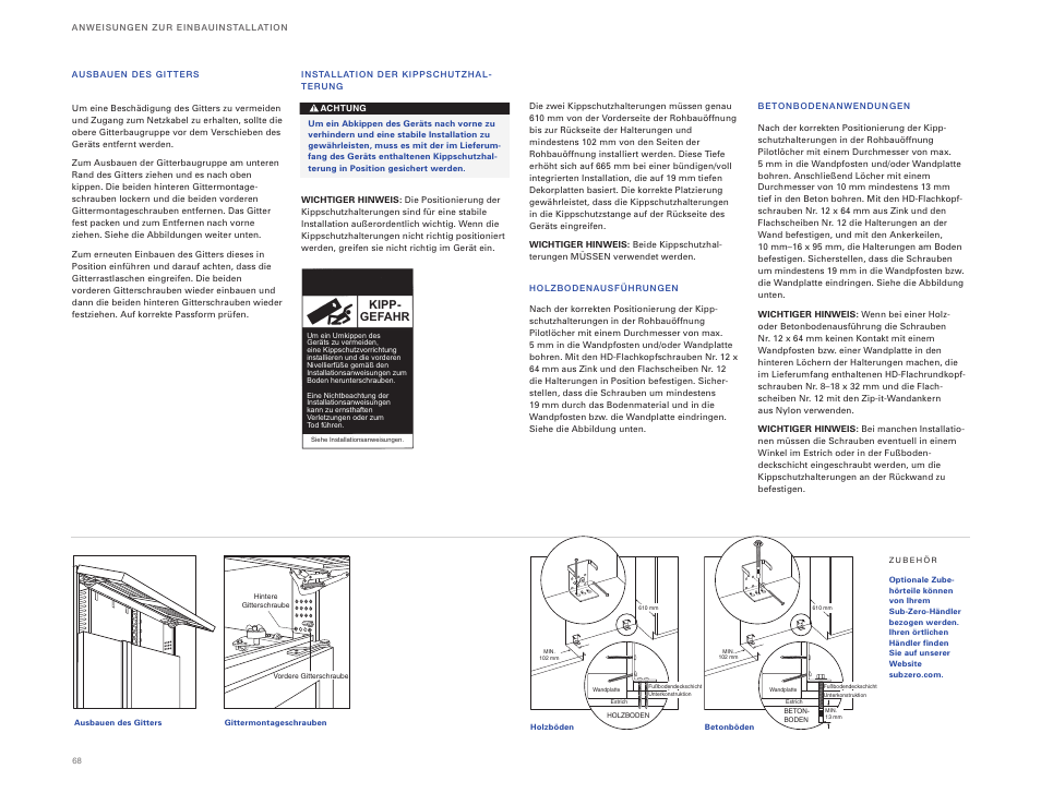 Kipp- gefahr | Sub-Zero ICBBI-36RG User Manual | Page 68 / 78