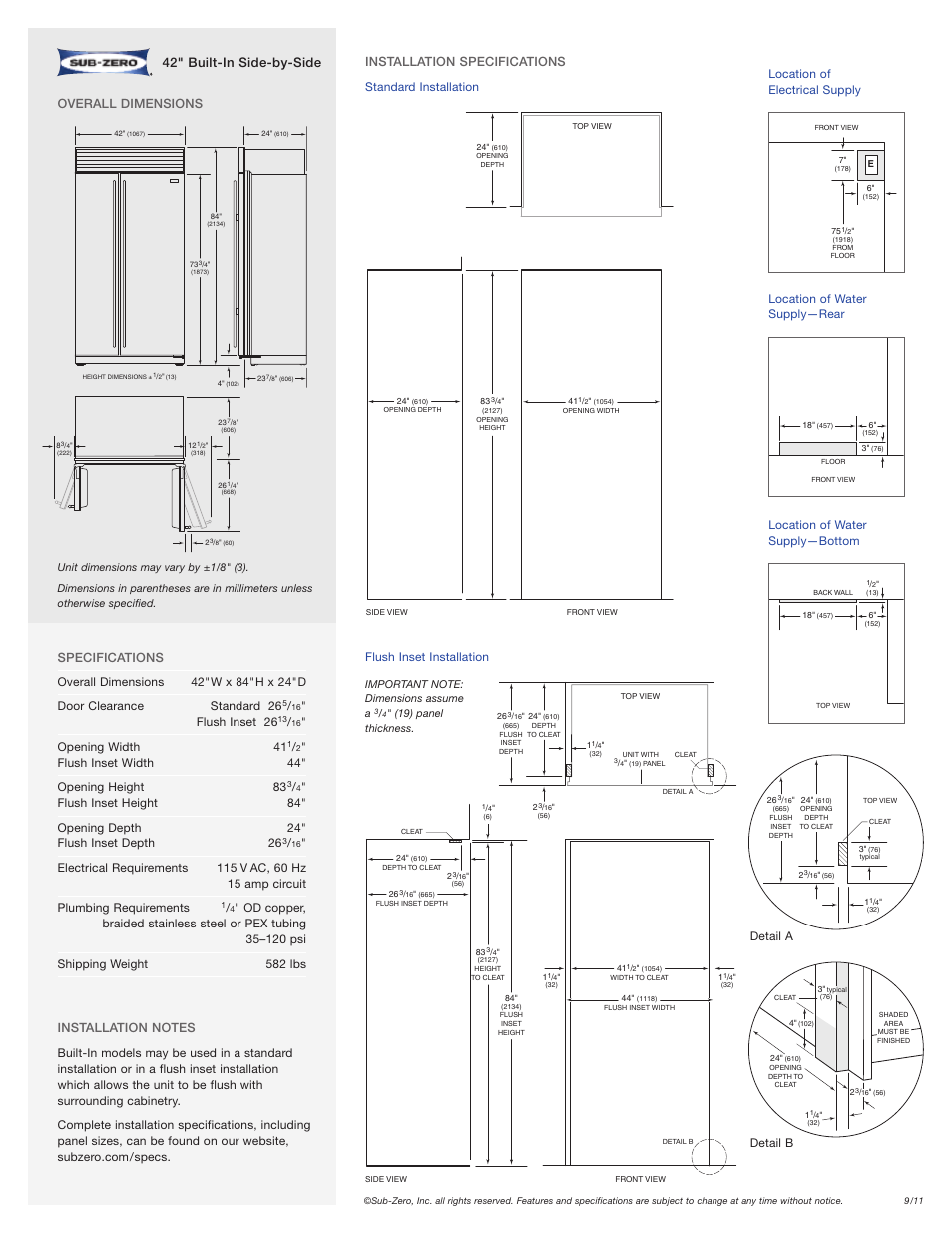 42" built-in side-by-side, Flush inset 26, Opening width 41 | Flush inset width 44" opening height 83, Overall dimensions, Detail a detail b, Location of electrical supply, Location of water supply—rear, Location of water supply—bottom | Sub-Zero BI-42S User Manual | Page 2 / 2