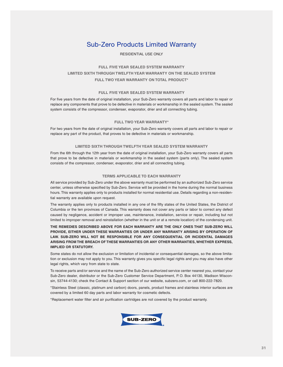 Sub-zero products limited warranty | Sub-Zero UC-15I User Manual | Page 31 / 32