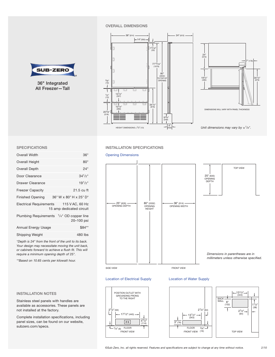 36" integrated all freezer—tall, Drawer clearance 19 | Sub-Zero 736TFI User Manual | Page 2 / 2