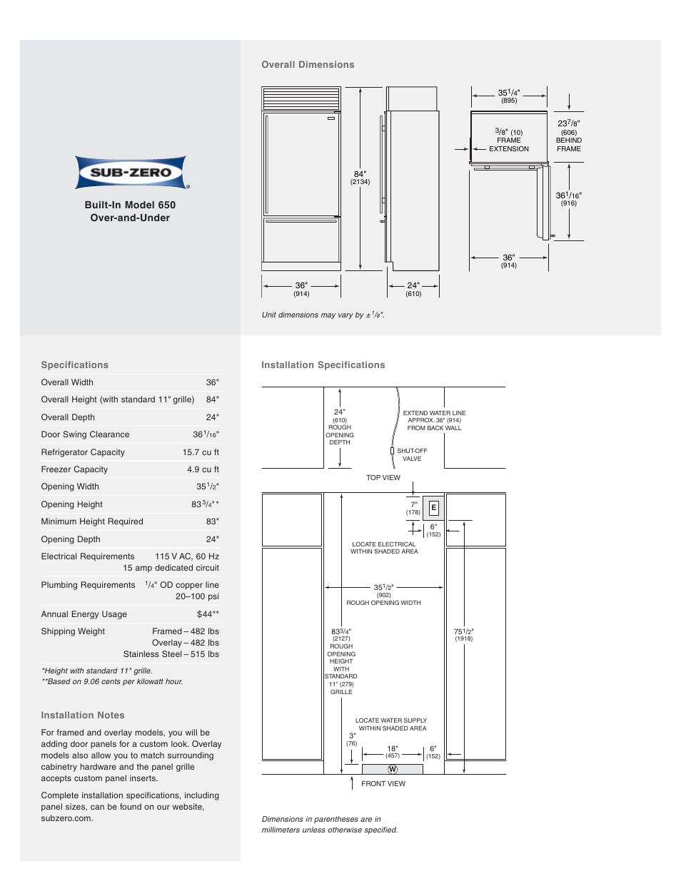 Built-in model 650 over-and-under | Sub-Zero 650/O User Manual | Page 2 / 2