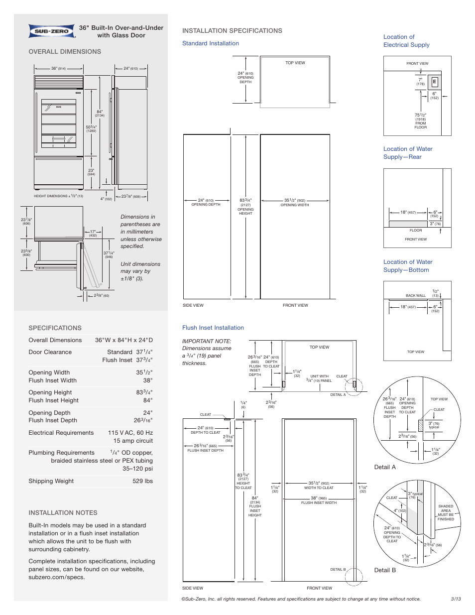 Flush inset 37, Opening width 35, Flush inset width 38" opening height 83 | Detail a detail b, Location of electrical supply, Location of water supply—rear, Location of water supply—bottom, 36" built-in over-and-under with glass door | Sub-Zero BI-36UG/O User Manual | Page 2 / 2