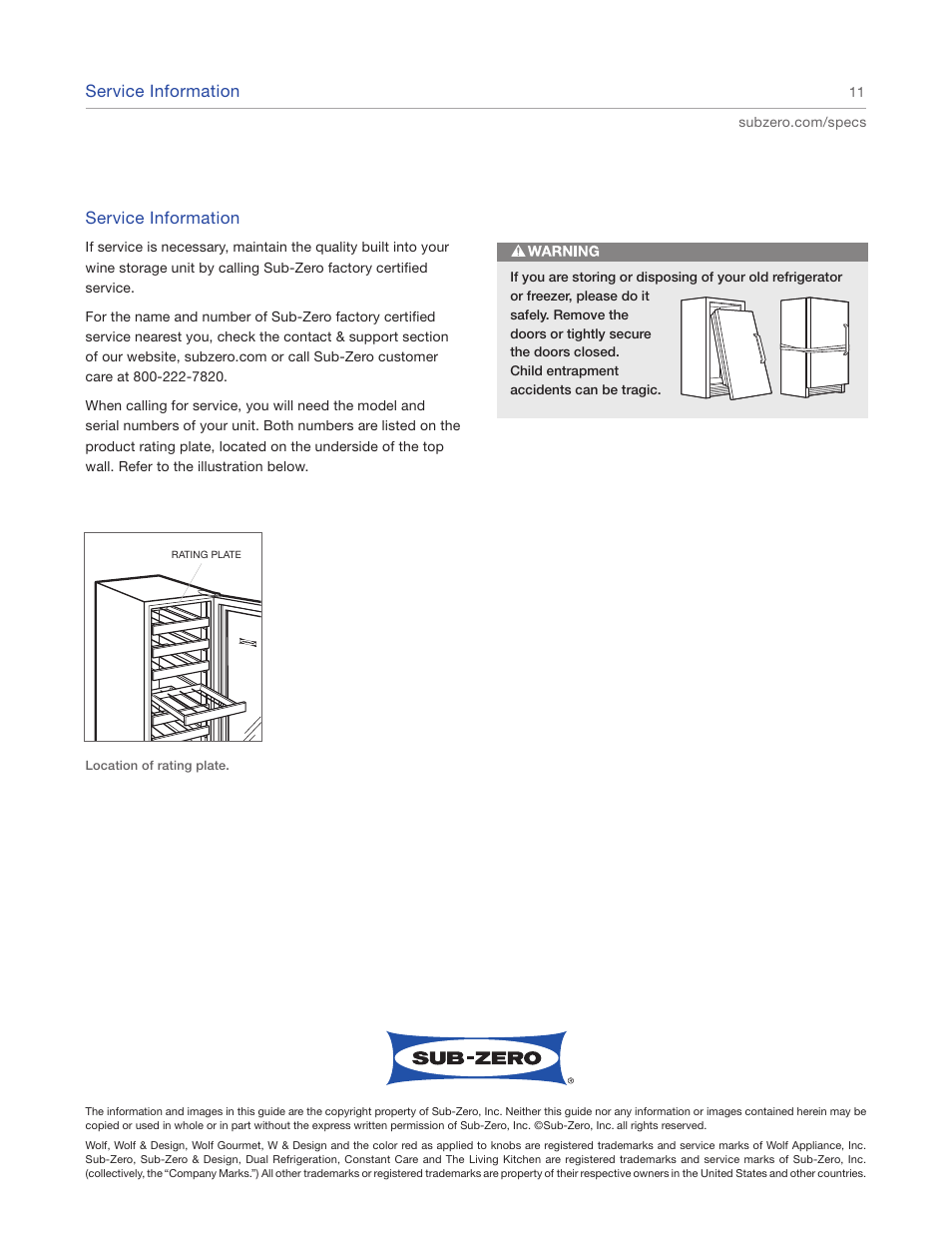Service information | Sub-Zero Wine Storage 315W User Manual | Page 11 / 12