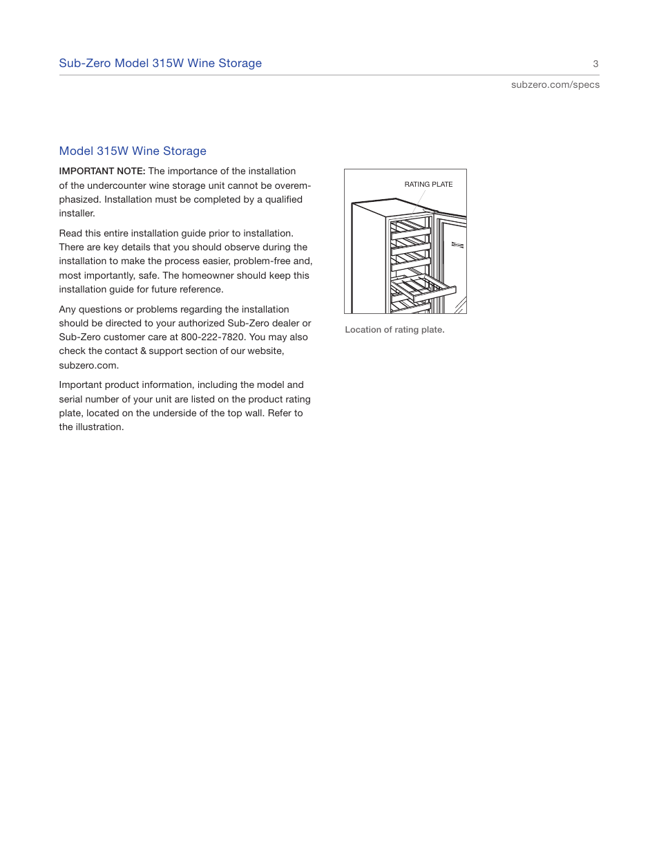 Sub-Zero Wine Storage 315W User Manual | Page 3 / 12