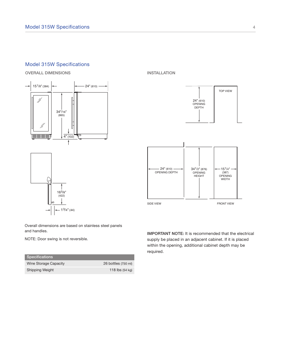 Model 315w specifications | Sub-Zero Wine Storage 315W User Manual | Page 4 / 12