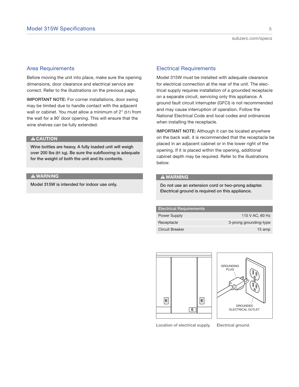 Electrical requirements, Model 315w specifications, Area requirements | Sub-Zero Wine Storage 315W User Manual | Page 5 / 12