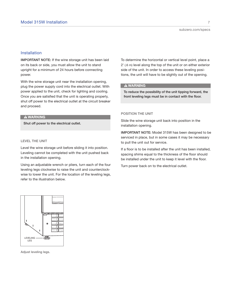 Sub-Zero Wine Storage 315W User Manual | Page 7 / 12