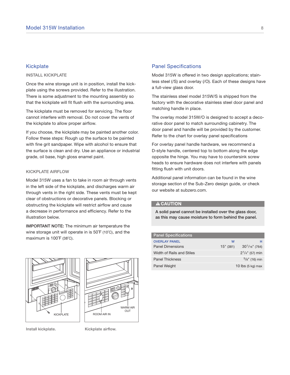 Model 315w installation, Panel specifications, Kickplate | Sub-Zero Wine Storage 315W User Manual | Page 8 / 12
