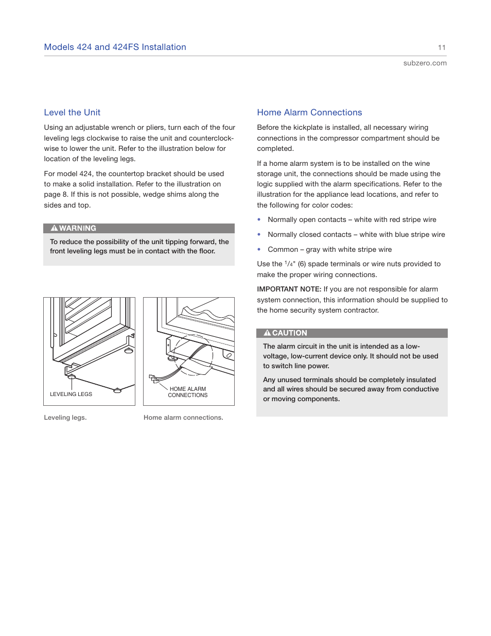 Level the unit, Home alarm connections | Sub-Zero 427R User Manual | Page 11 / 56