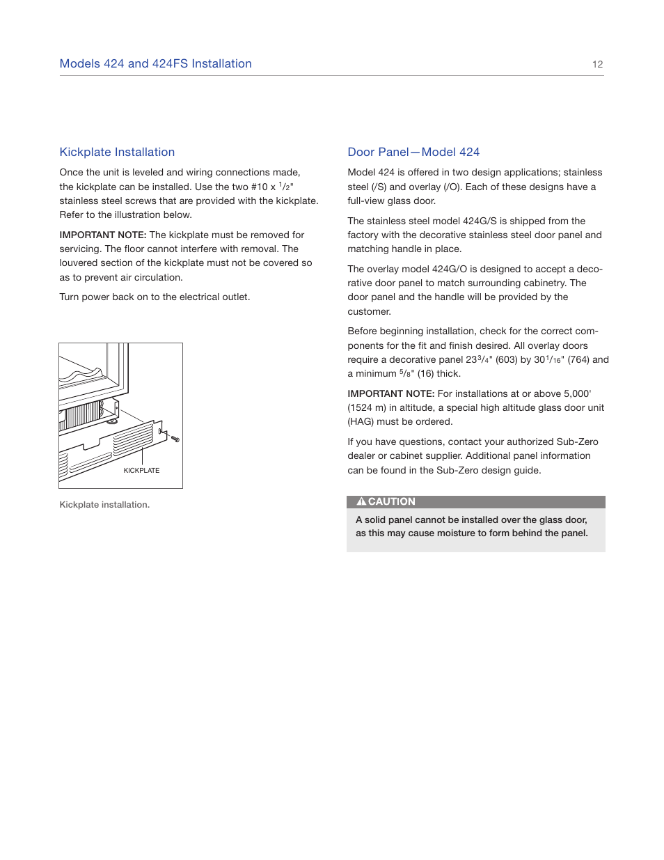 Kickplate installation, Door panel—model 424 | Sub-Zero 427R User Manual | Page 12 / 56