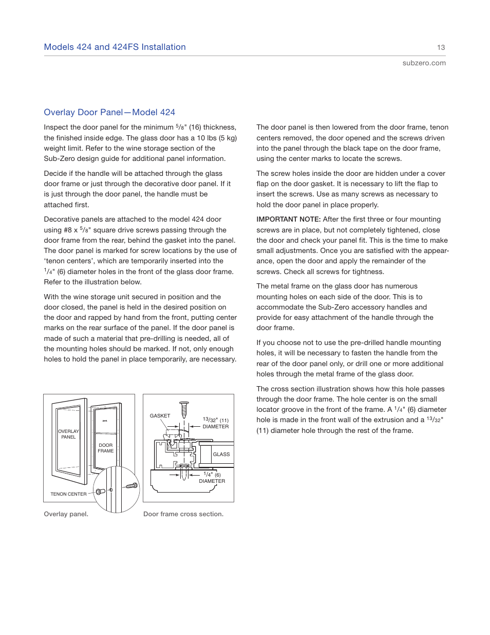 Overlay door panel—model 424 | Sub-Zero 427R User Manual | Page 13 / 56
