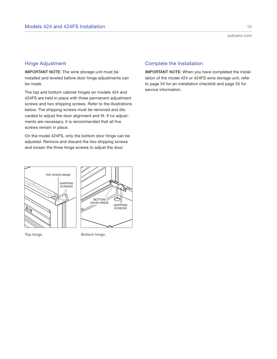 Hinge adjustment, Complete the installation | Sub-Zero 427R User Manual | Page 15 / 56