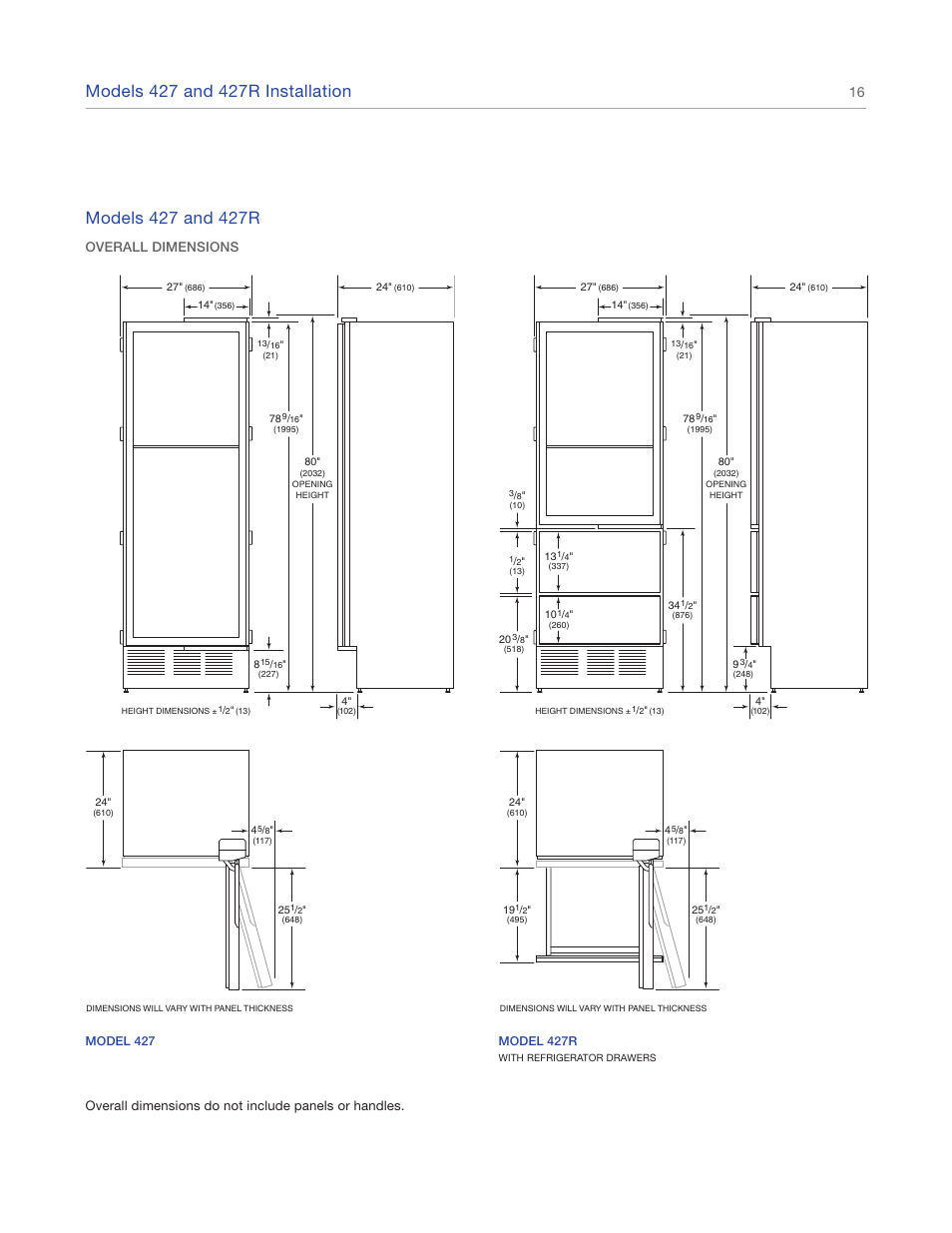 Overall dimensions | Sub-Zero 427R User Manual | Page 16 / 56