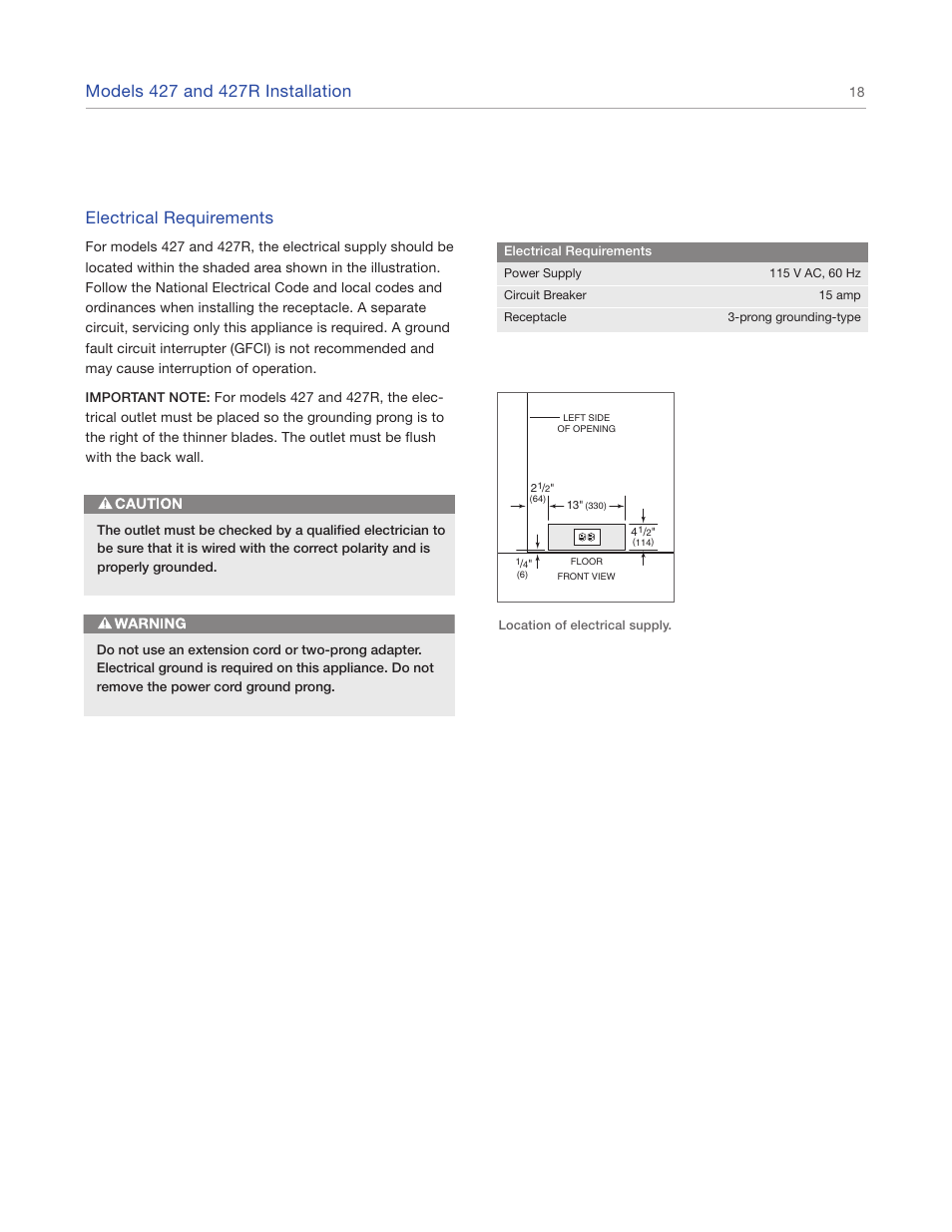 Electrical requirements | Sub-Zero 427R User Manual | Page 18 / 56