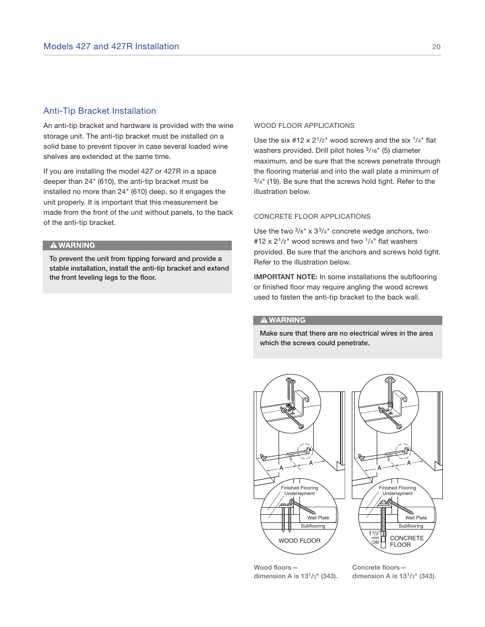 Anti-tip bracket installation | Sub-Zero 427R User Manual | Page 20 / 56