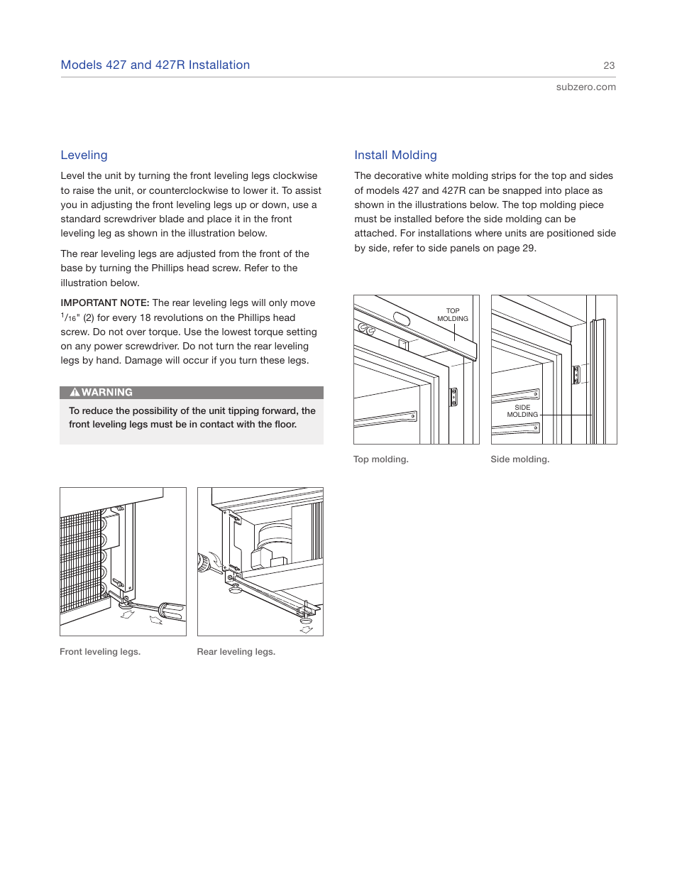 Leveling, Install molding | Sub-Zero 427R User Manual | Page 23 / 56
