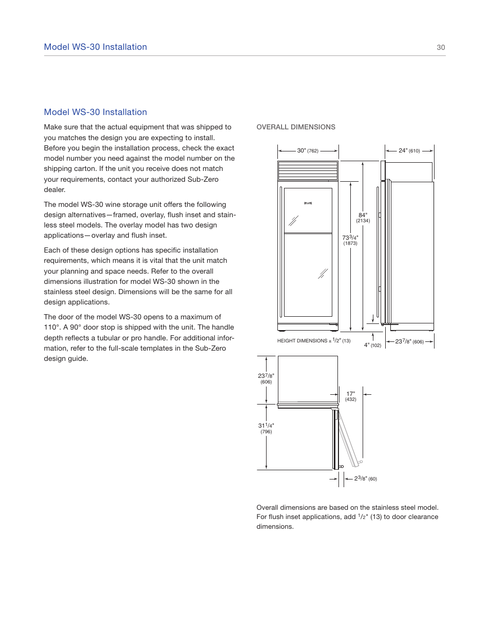 Model ws-30 installation | Sub-Zero 427R User Manual | Page 30 / 56