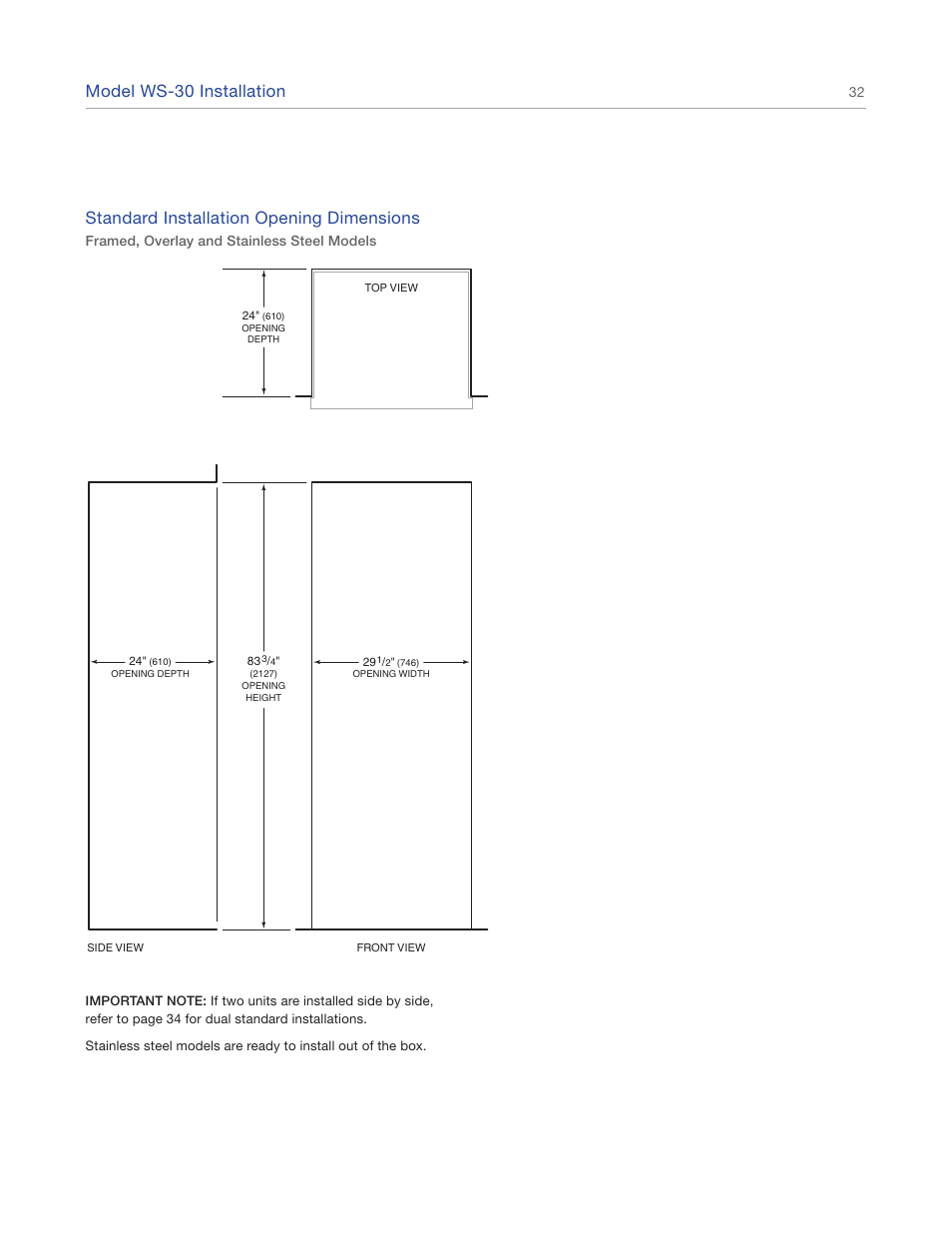 Model ws-30 installation, Standard installation opening dimensions | Sub-Zero 427R User Manual | Page 32 / 56