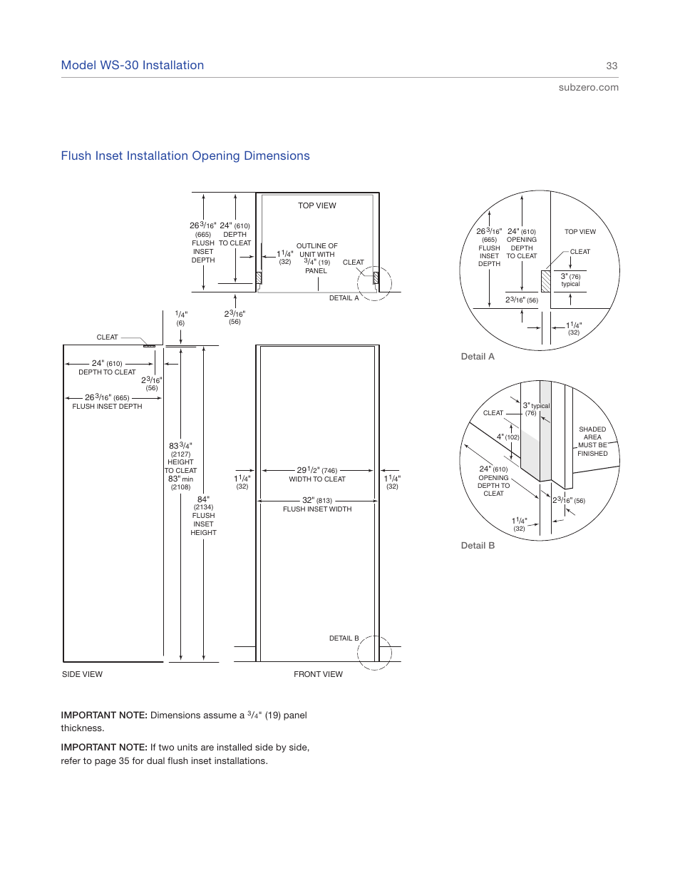 Model ws-30 installation, Flush inset installation opening dimensions | Sub-Zero 427R User Manual | Page 33 / 56