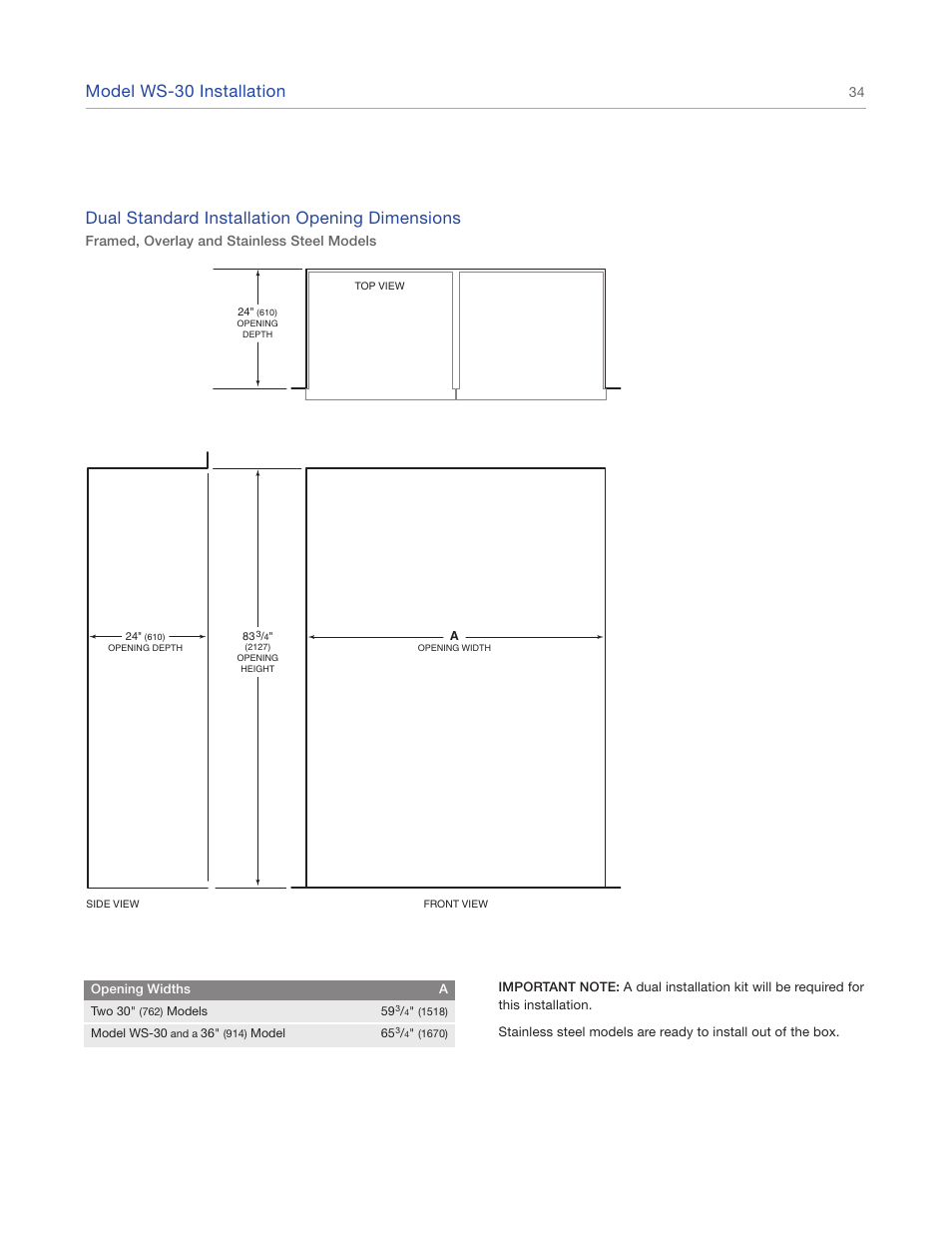 Model ws-30 installation, Dual standard installation opening dimensions | Sub-Zero 427R User Manual | Page 34 / 56